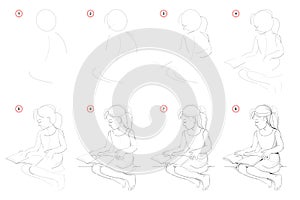 How to draw step-wise sketch of beautiful little girl reading the book. Creation step by step pencil drawing.