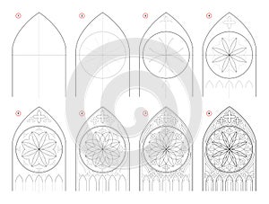 How to draw step-wise sketch of Gothic stained glass window with rose. Creation step by step pencil drawing. photo