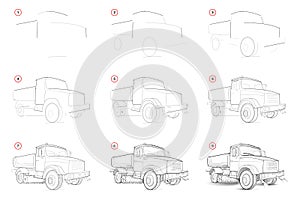 How to draw step-wise sketch of road cleaning watering machine. Creation step by step pencil drawing of car.