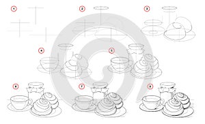 How to draw step-wise still life with cup of tea and tasty cakes. Creation step by step pencil drawing.