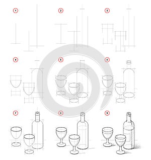 How to draw still life with bottle of vine and glasses. Creation step by step pencil drawing. Educational page for artists.