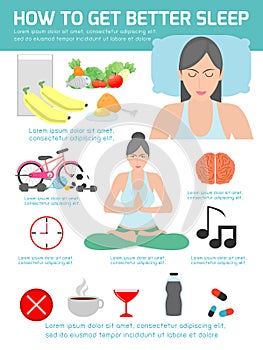 How to get better sleep, tips and tricks for better sleep, isolated flat illustration on white background, sleep infographics, v