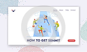 How to Get Summit Landing Page Template. Business Characters Team Climbing at Mountain Peak, Business Competition
