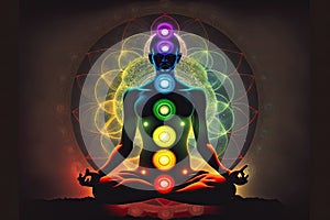 How to heal the Chakra with Reiki. Energy Healing Chakra Retreat. Silhouette of man with symbols of chakra. AI generative