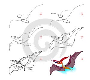 How to learn to draw flying pterodactyl. Educational page for children. Creation step by step animal illustration. Printable