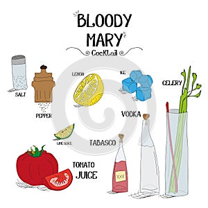 How to make a Bloody Mary cocktail set with ingredients for restaurants and bar business vector illustration