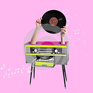 How to make a good sound. Female hands holding retro vinyl record against purple background. Music concept.