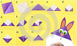 How to make Origami paper bookmark form of bunny for Easter greetings. DIY concept. Step by step photo instruction