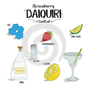 How to make an strawberry Daiquiri cocktail set with ingredients for restaurants and bar business vector illustration