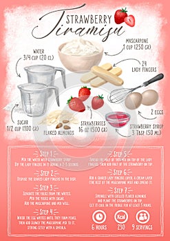 How to make a Strawberry tiramisu. Illustrated recipe poster, with instructions and hand drawn ingredients