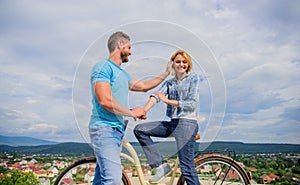 How to meet girls while riding bike. Man with beard and shy blonde lady on first date. Picking up girl. Couple just meet