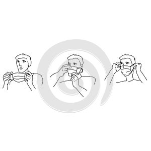 How to put on a medical mask, step-by-step instructions for showing a person wearing a medical protective mask