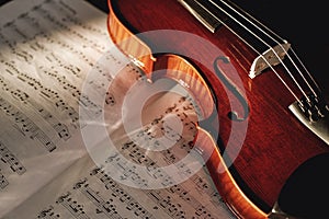 How to Read Violin Notes Close up view of brown wood violin lying on the sheet with music notes.