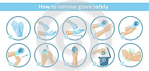 How to remove disposable gloves safely tips, vector infographic. Recycle disposable rubber gloves.