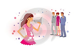 How to report pregnancy to employees and friends. A pregnant girl in a pink dress shouts into a megaphone. Two men and a woman in