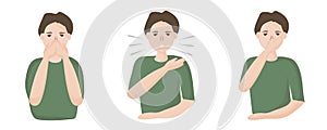 How to sneeze or cough properly, to prevent the spread of viruses. you have to close your mouth with hand. people with a cold and