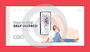 How to Stop Self Hatred, Loathing and Anger Landing Page Template. Man Sit on Floor with Broken Head near Cracked Mirror photo