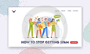 How to Stop Spam Landing Page Template. Annoying Salespeople Characters Insistently Announce Special Offers photo