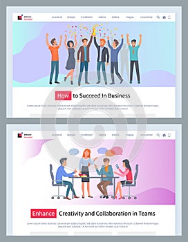 How to succeed in business vector website template, enhance creativity and collaboration in team