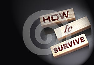 How to Survive words on wooden blocks. Surviving in wild nature concept. Desease and epidemy survival healthcare coronavirus