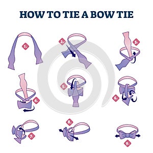 How to tie a bow tie explanation steps, illustrated scheme