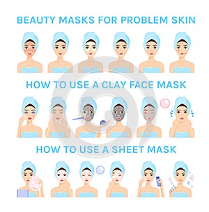How to Use Beauty Masks for Problem Skin. Apply Sheet and Clay Face Mask. Set, Steps, Instruction. Beautiful Girl in a Towel Does
