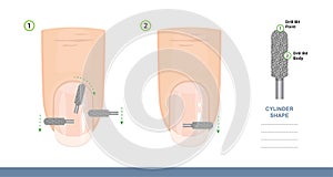 How to use a Cylinder Shape Milling Cutter. Tips and Tricks. Professional Manicure Tutorial. Vector