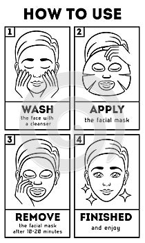 How to use facial sheet mask. Vector beauty and care instruction