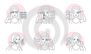 How to use makeup stencil, tutorial and infographic set, female model with templates