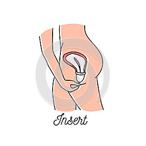 How to use woman menstrual cup during periods. Instruction how to insert blood cup to womans body. Line art icon set