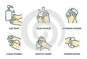 How to wash your hands properly color line icons