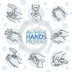 How to wash your hands properly. Vector illustration of Handwashing. Hands soaping and rinsing