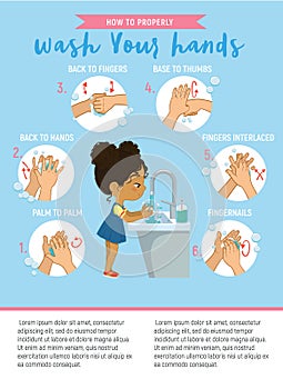 How to wash your hands Step Info Graphic. Illustration of a african american girl washing her hands on a white