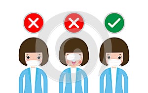 How to wear the correct face masks and the wrong, three women showing how to wearing protective mask correctly new normal lifestye photo
