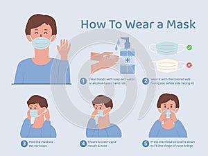 How to wear a mask for prevent virus and bacteria. Illustration about correct way to use surgical mask with cute young man cartoon