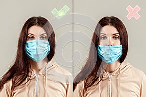 How to wear a surgical mask for protection, masked girl, right and wrong. Healthcare, rules