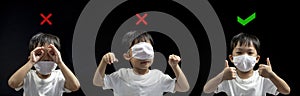 How to wearing medical face mask correctly from asian little boy