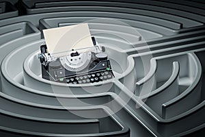 How to write a book, solution concept. Typewriter inside labyrinth maze. 3D rendering