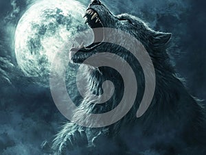 A howling werewolf against a backdrop of a full moon and misty clouds