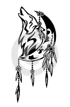 Dreamcatcher with moon crescent and howling wolf head black vector design
