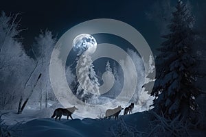 Howling in the Winter Night Snowy Forest with a Pack of Wolves under the Full Moon