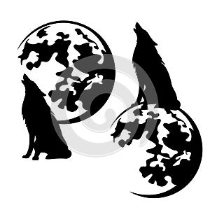 Howling wolf and full moon black and white vector silhouette set