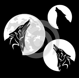 howling wolf and full moon disk black and white vector silhouette set