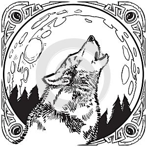 Howling Wolf Head with Moon and Ornate Frame Vector Illustration