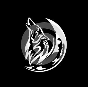 Howling wolf and moon crescent black and white vector silhouette