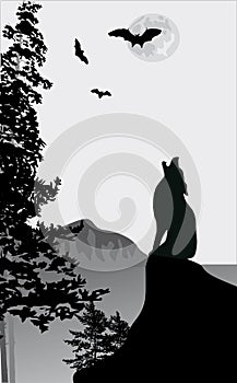 Howling wolf on rock illustration