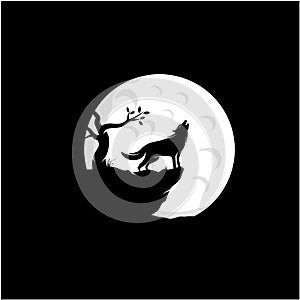 Howling Wolf silhouette with Moon Illustration logo design
