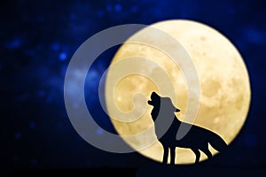 Howling wolf silhouette over a full moon
