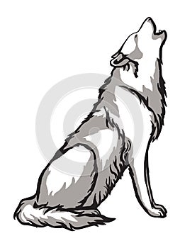 Howling wolf vector file. Black and white wolf howling at the moon, husky