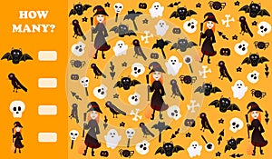 Howmany puzzle or riddle for kids for halloween with witch character holding broom, ghosts and bats, spooky elements